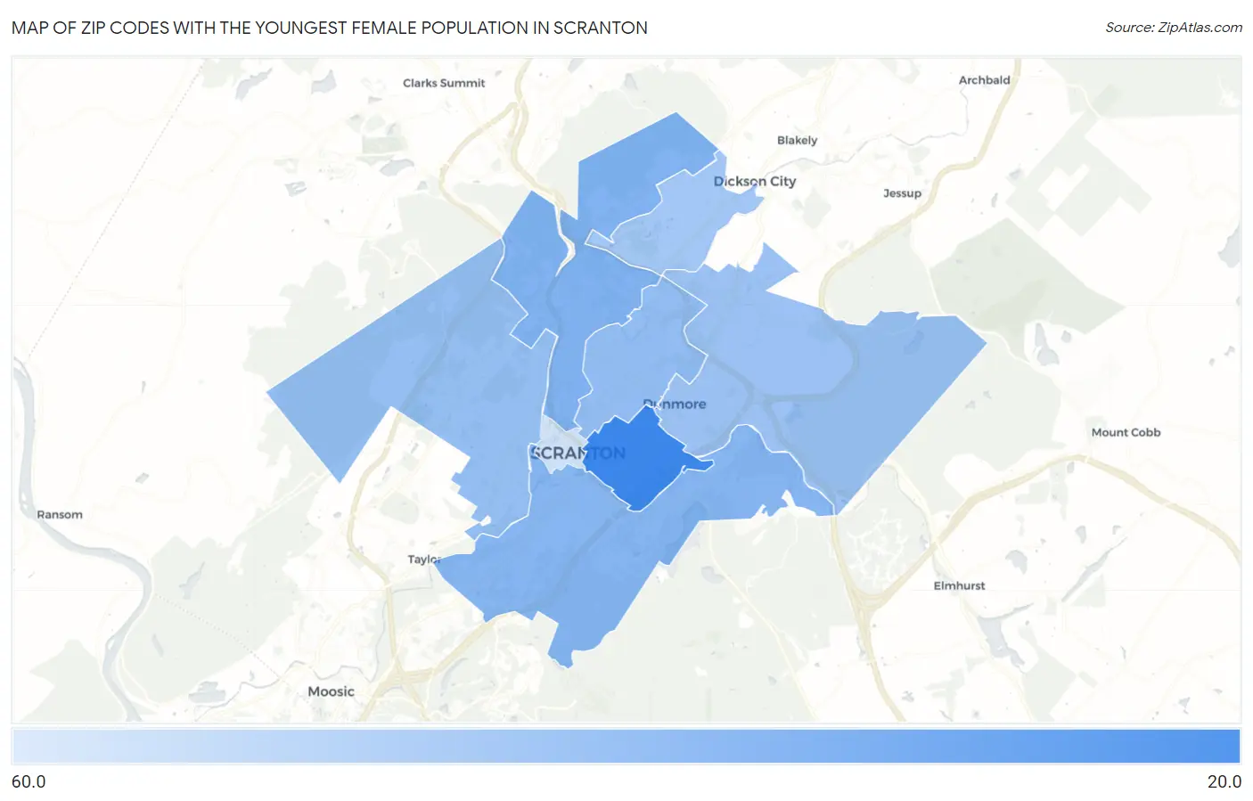 Zip Codes with the Youngest Female Population in Scranton Map
