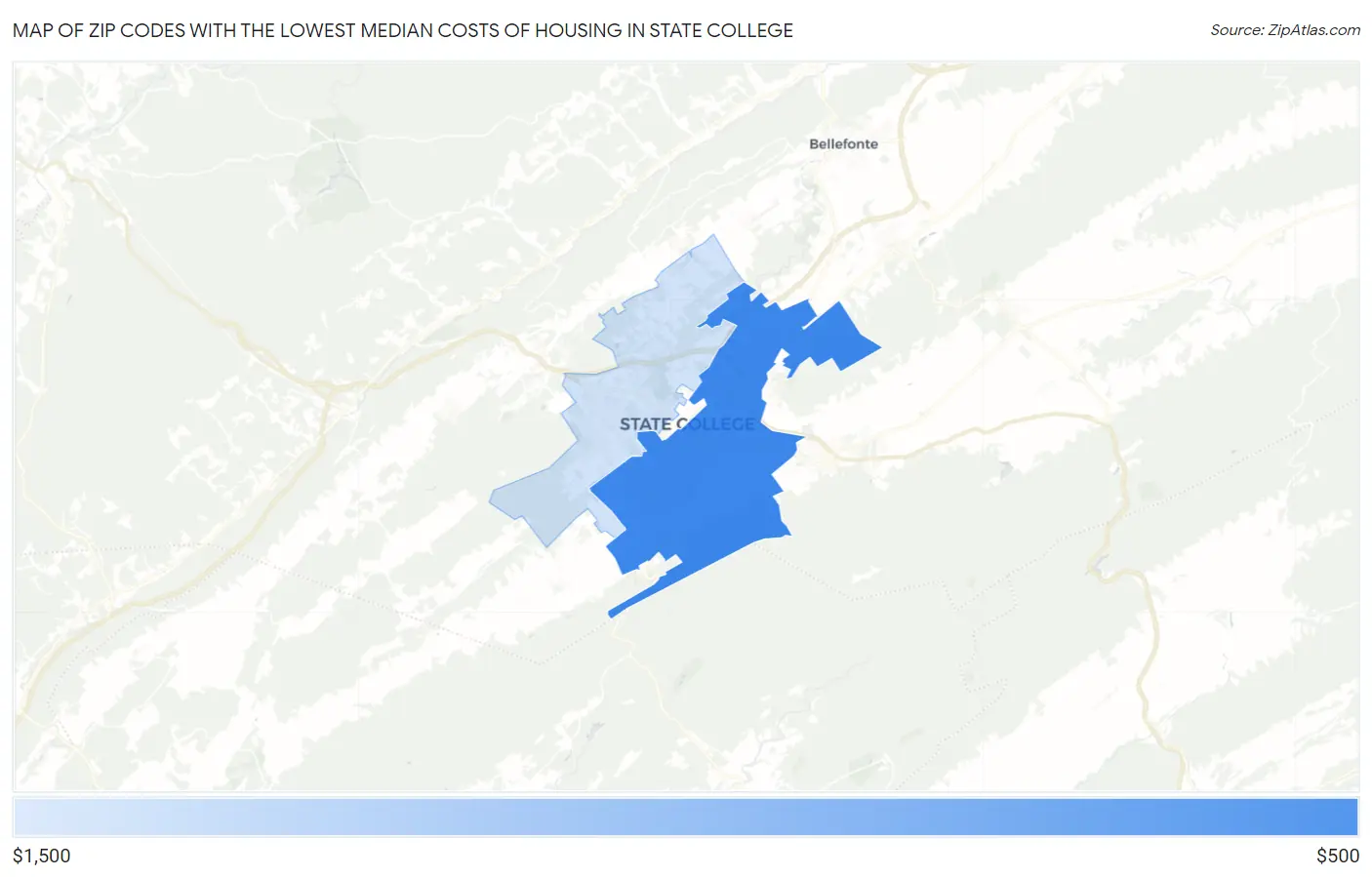 Zip Codes with the Lowest Median Costs of Housing in State College Map