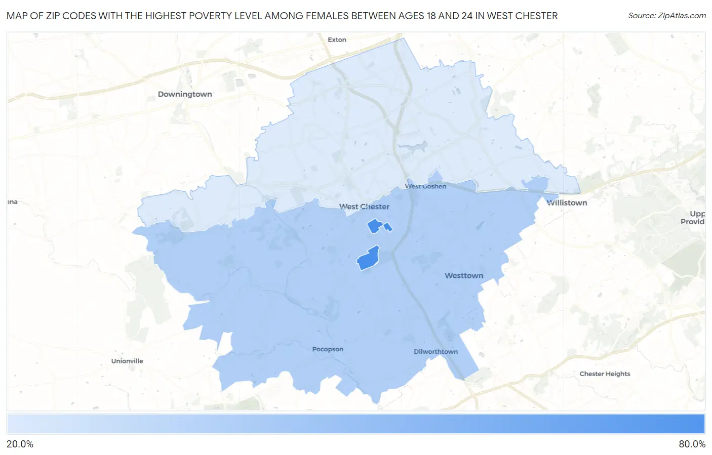 Zip Codes with the Highest Poverty Level Among Females Between Ages 18 and 24 in West Chester Map
