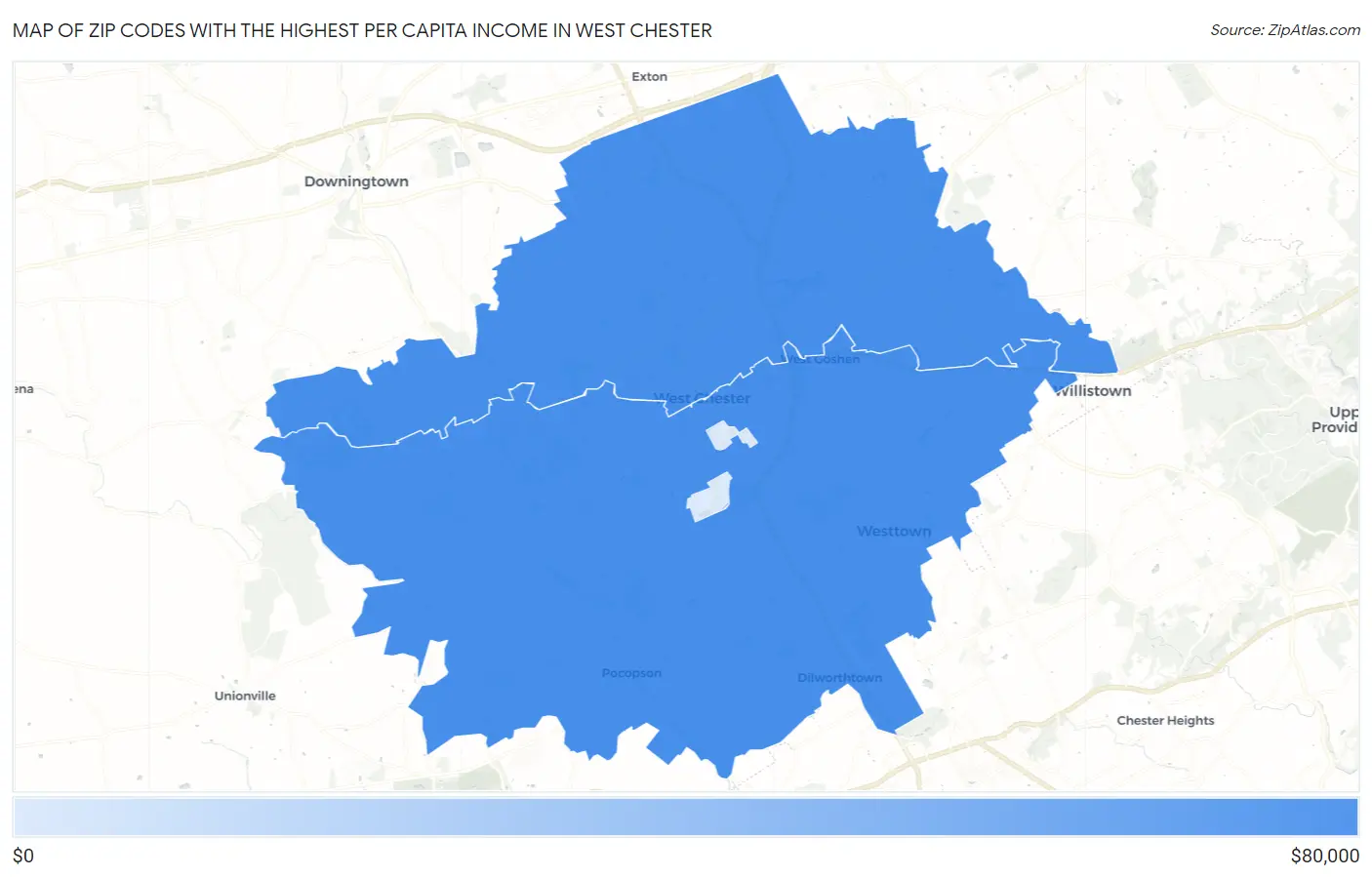 Zip Codes with the Highest Per Capita Income in West Chester Map