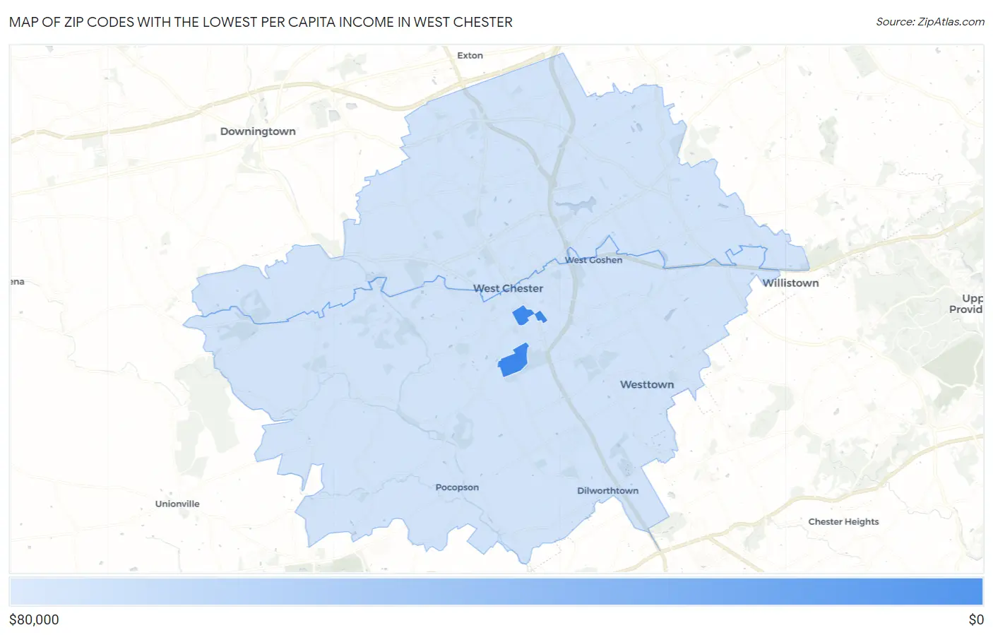 Zip Codes with the Lowest Per Capita Income in West Chester Map
