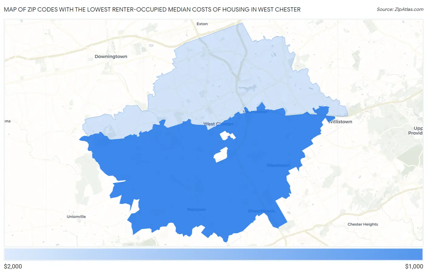 Zip Codes with the Lowest Renter-Occupied Median Costs of Housing in West Chester Map