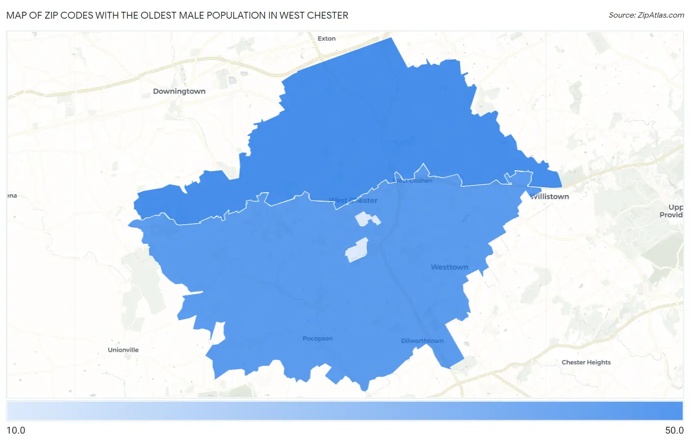 Zip Codes with the Oldest Male Population in West Chester Map