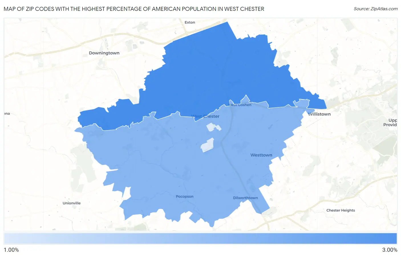 Zip Codes with the Highest Percentage of American Population in West Chester Map