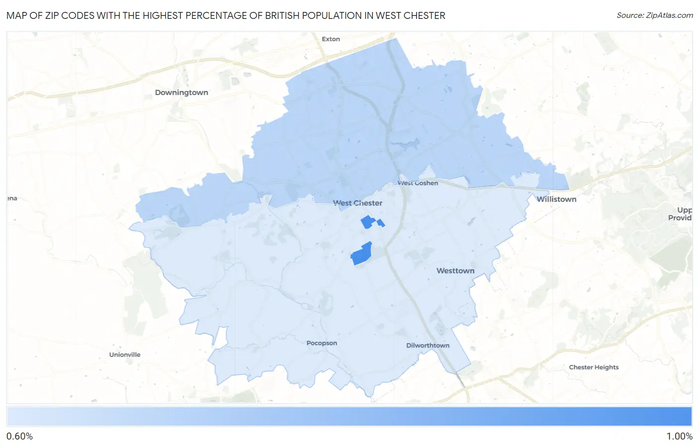 Zip Codes with the Highest Percentage of British Population in West Chester Map