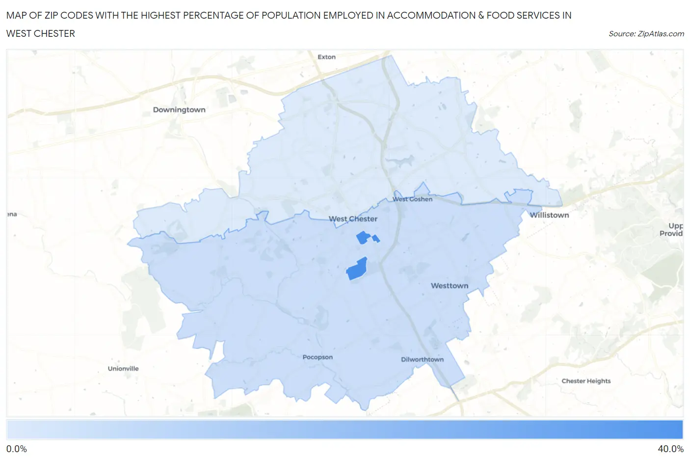 Zip Codes with the Highest Percentage of Population Employed in Accommodation & Food Services in West Chester Map