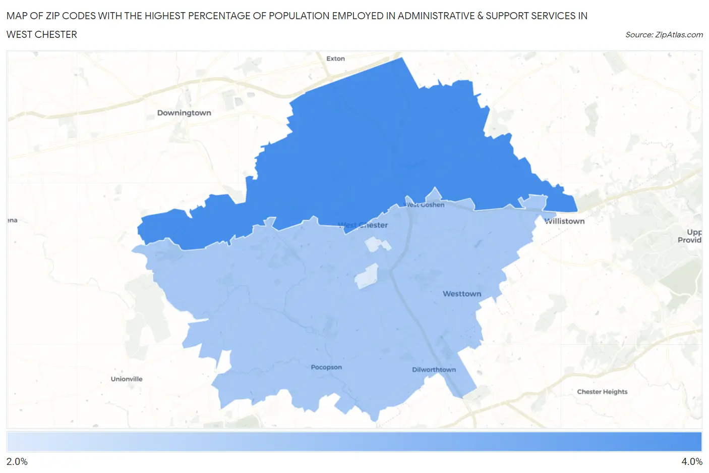 Zip Codes with the Highest Percentage of Population Employed in Administrative & Support Services in West Chester Map