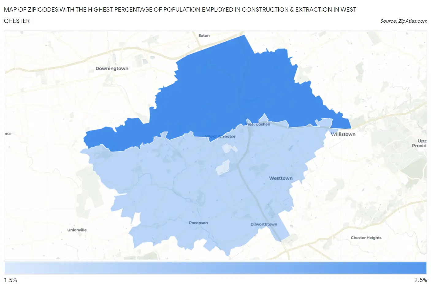 Zip Codes with the Highest Percentage of Population Employed in Construction & Extraction in West Chester Map