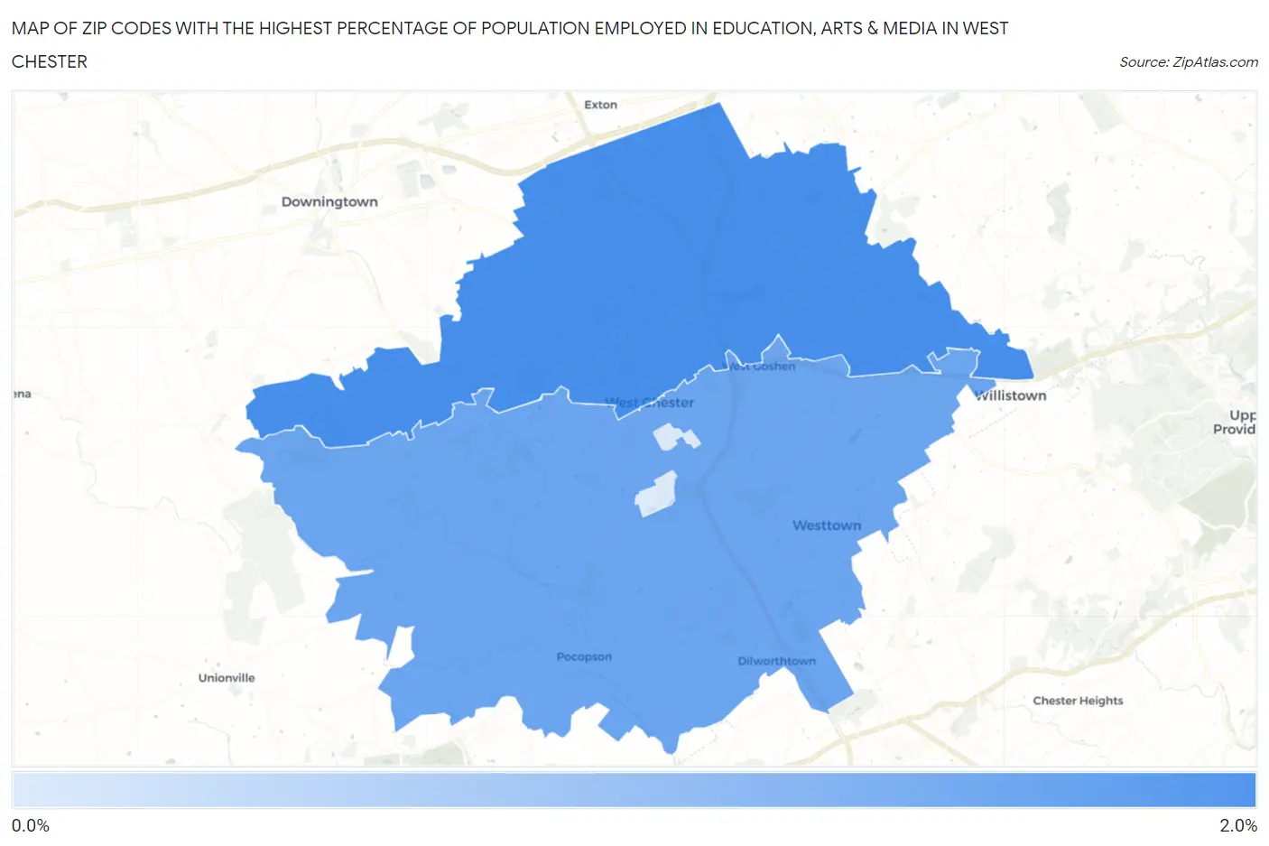 Zip Codes with the Highest Percentage of Population Employed in Education, Arts & Media in West Chester Map