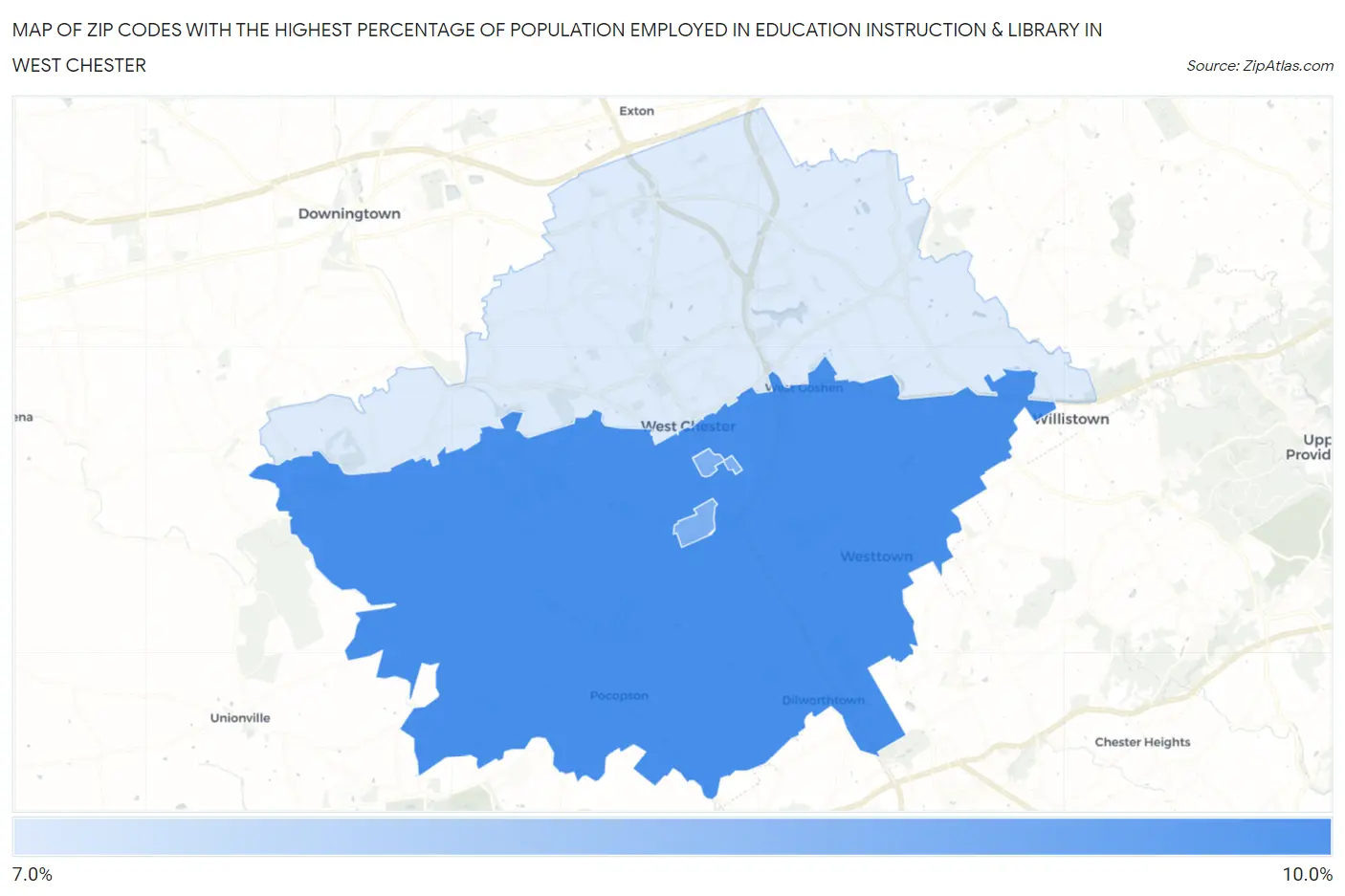 Zip Codes with the Highest Percentage of Population Employed in Education Instruction & Library in West Chester Map