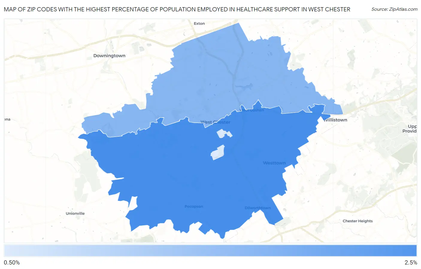 Zip Codes with the Highest Percentage of Population Employed in Healthcare Support in West Chester Map