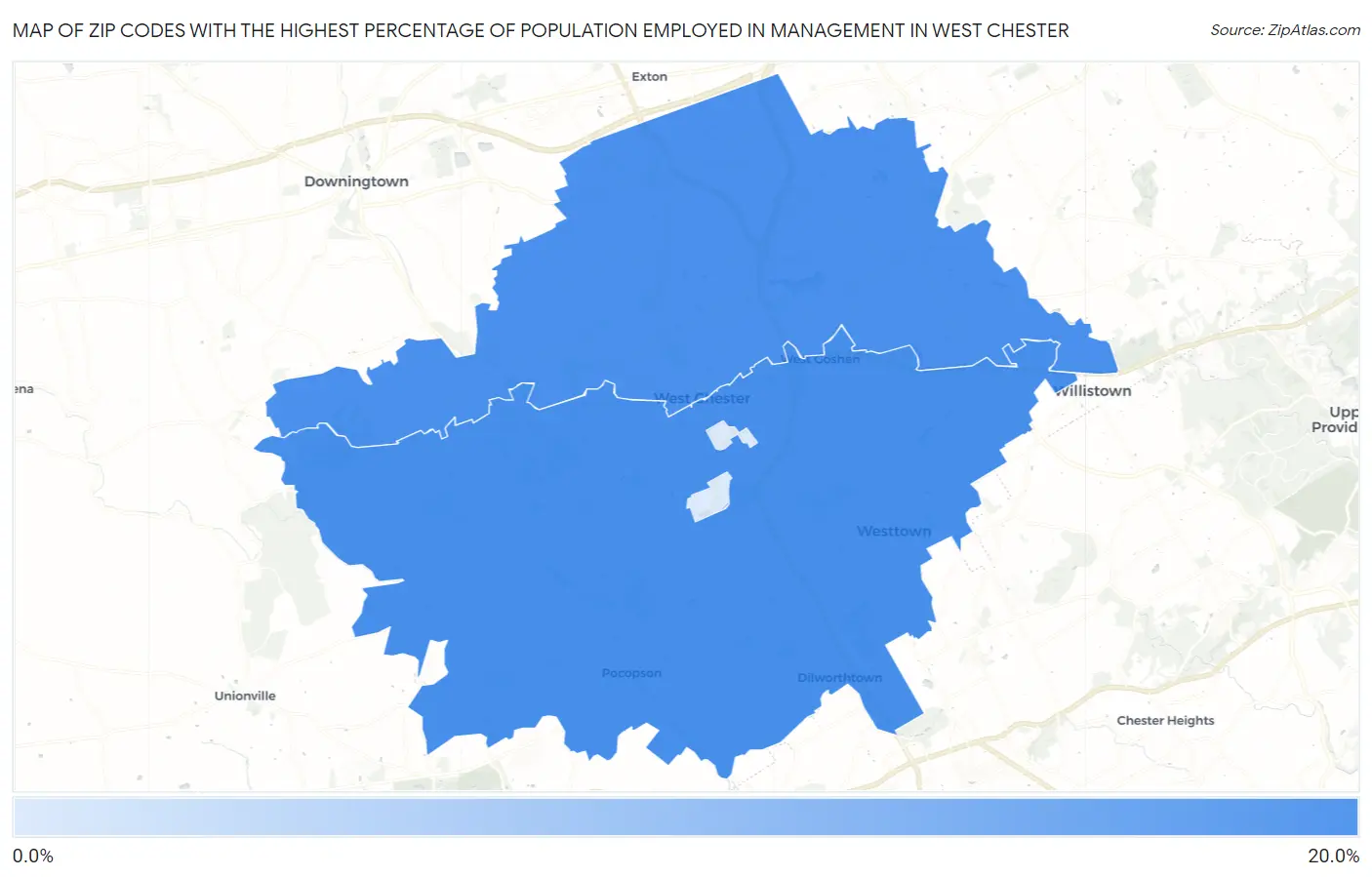 Zip Codes with the Highest Percentage of Population Employed in Management in West Chester Map