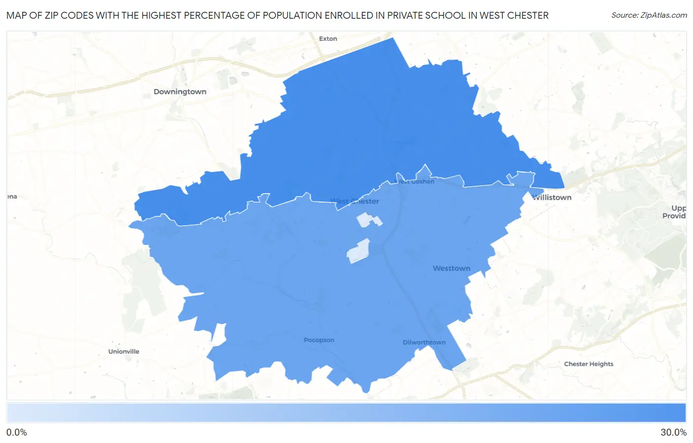 Zip Codes with the Highest Percentage of Population Enrolled in Private School in West Chester Map