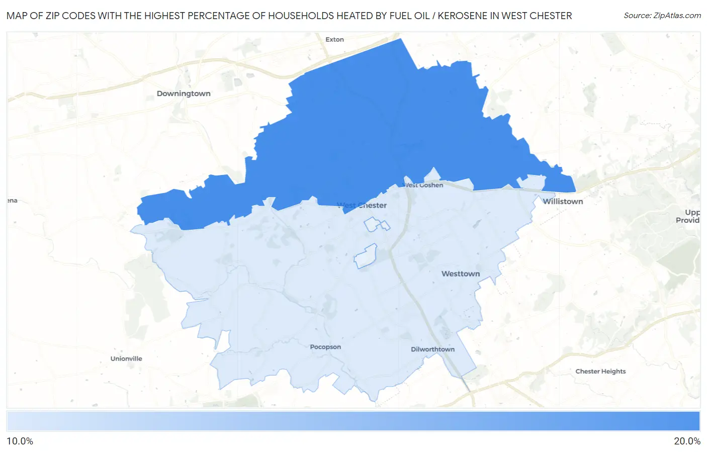 Zip Codes with the Highest Percentage of Households Heated by Fuel Oil / Kerosene in West Chester Map