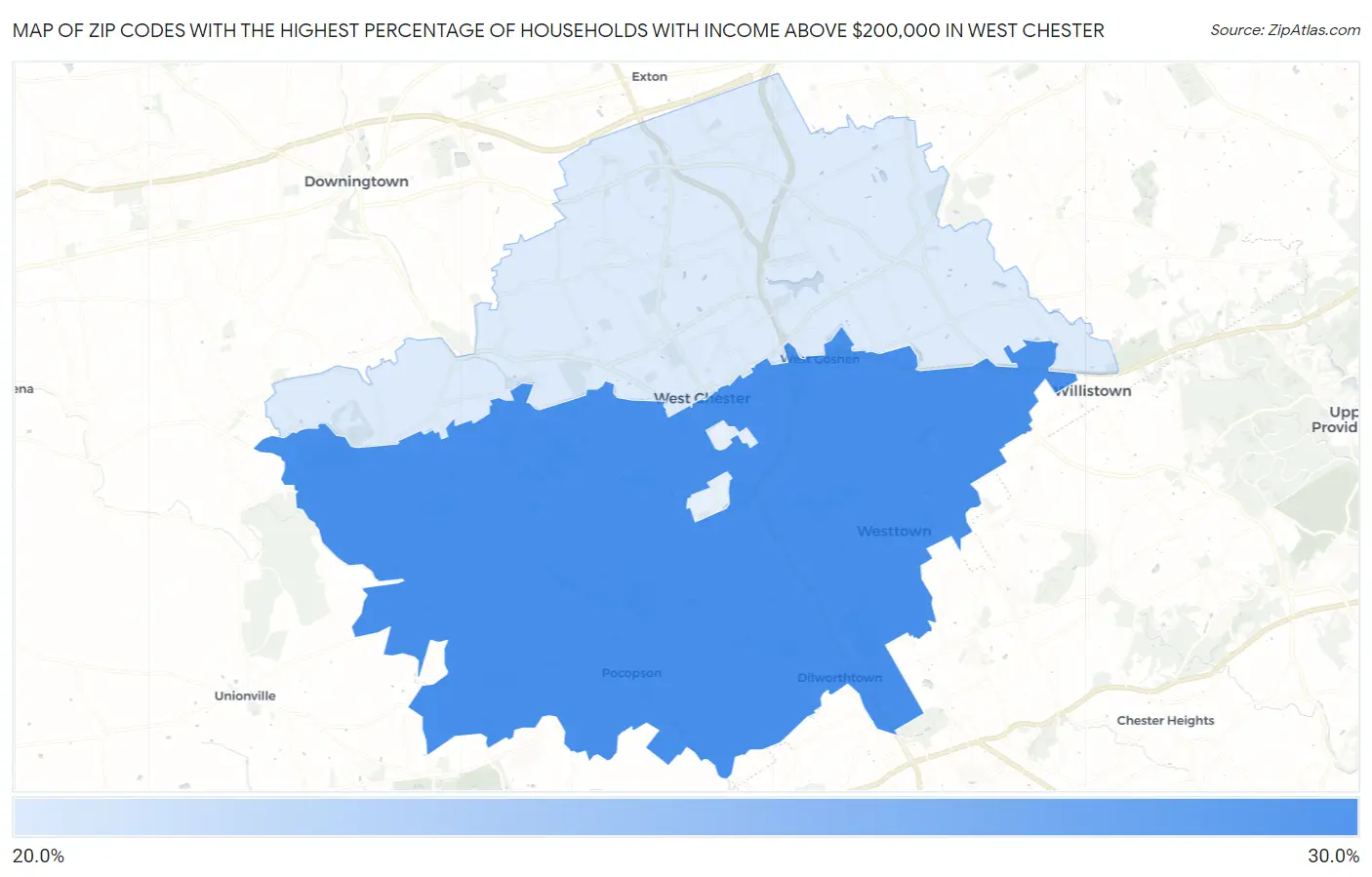 Zip Codes with the Highest Percentage of Households with Income Above $200,000 in West Chester Map