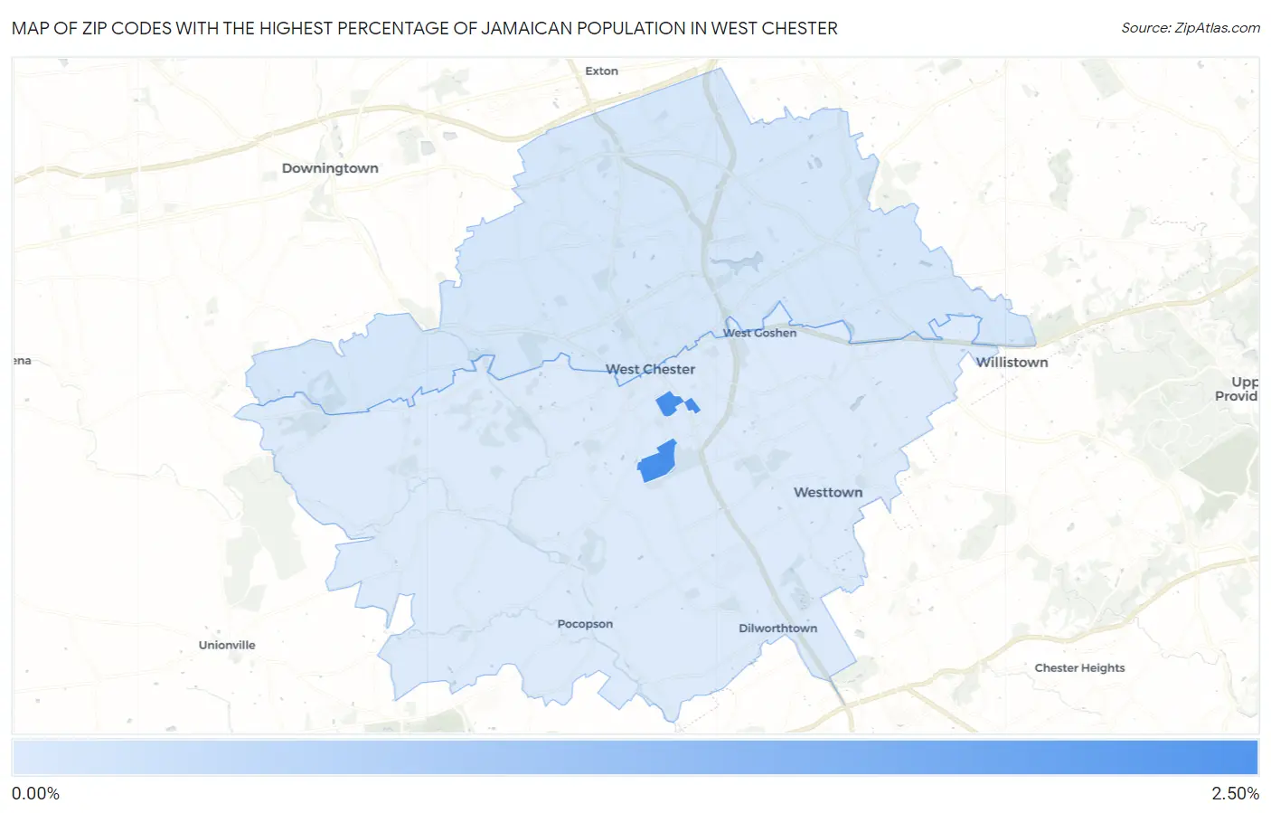 Zip Codes with the Highest Percentage of Jamaican Population in West Chester Map
