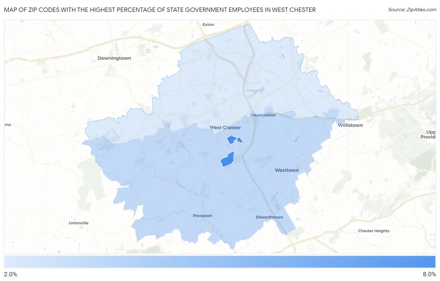 Zip Codes with the Highest Percentage of State Government Employees in West Chester Map