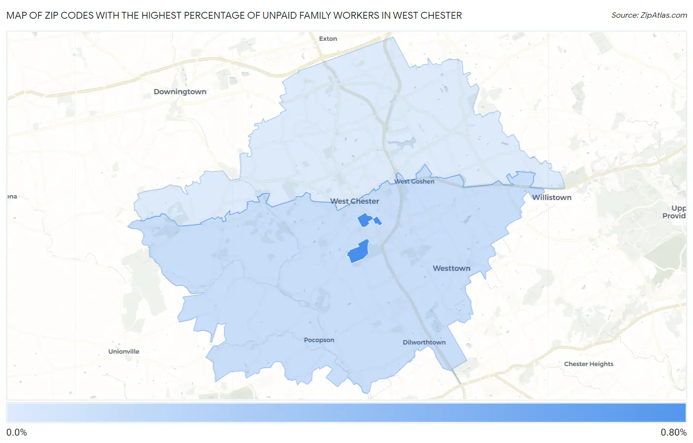 Zip Codes with the Highest Percentage of Unpaid Family Workers in West Chester Map