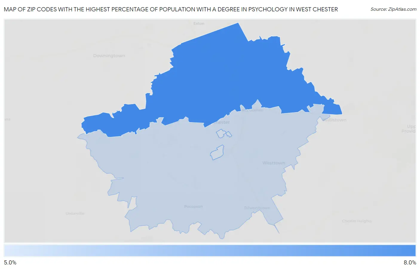 Zip Codes with the Highest Percentage of Population with a Degree in Psychology in West Chester Map