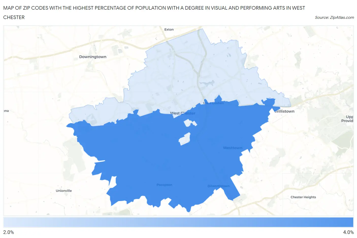 Zip Codes with the Highest Percentage of Population with a Degree in Visual and Performing Arts in West Chester Map