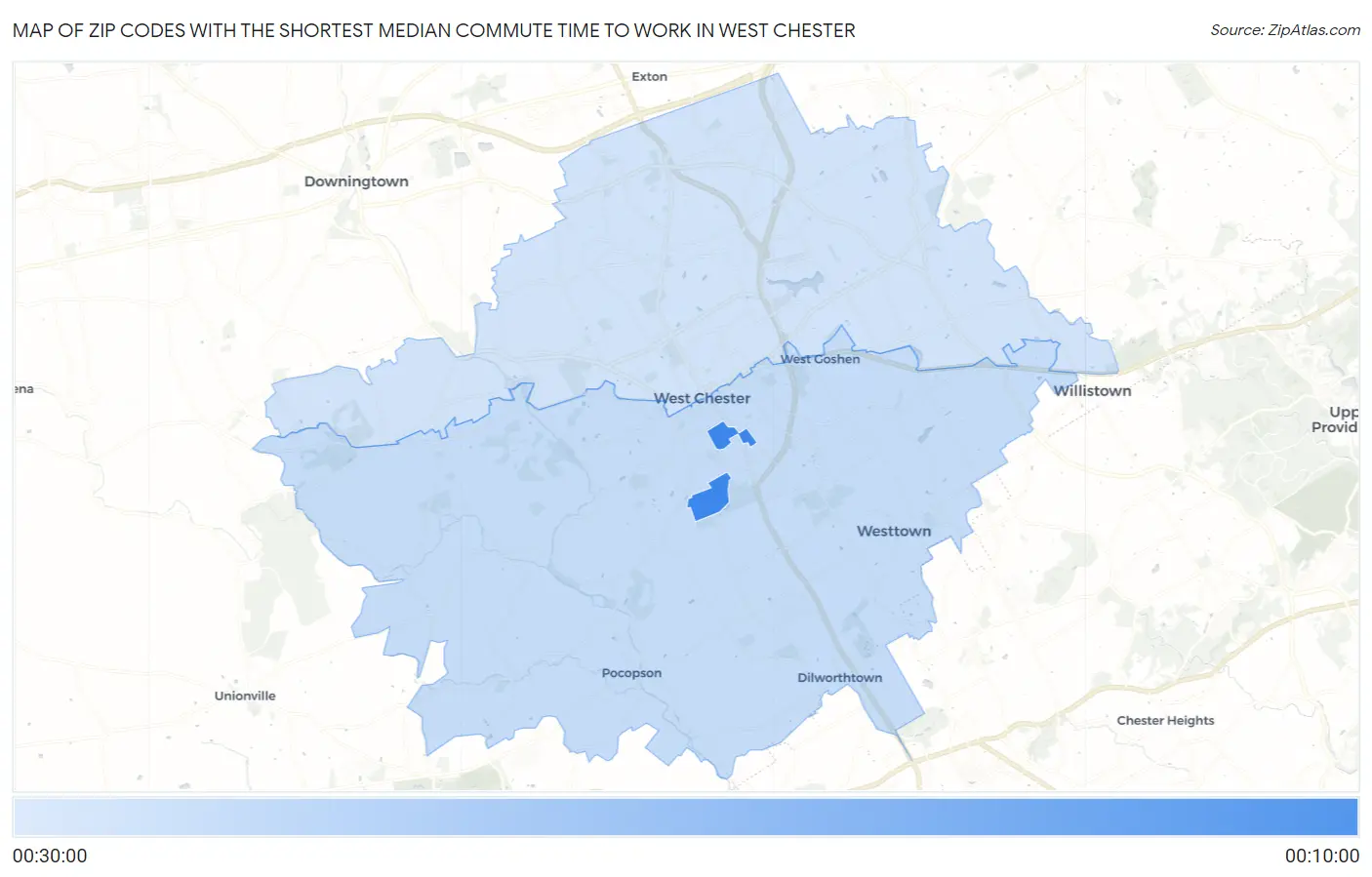 Zip Codes with the Shortest Median Commute Time to Work in West Chester Map