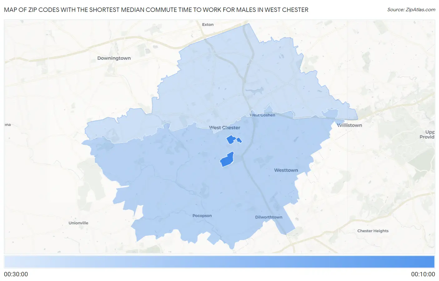 Zip Codes with the Shortest Median Commute Time to Work for Males in West Chester Map