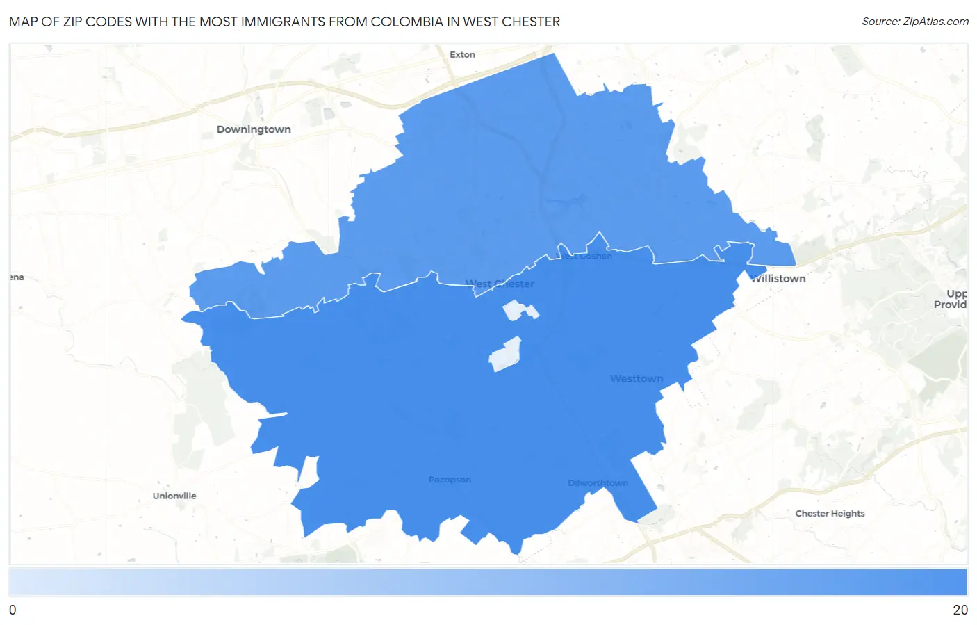 Zip Codes with the Most Immigrants from Colombia in West Chester Map