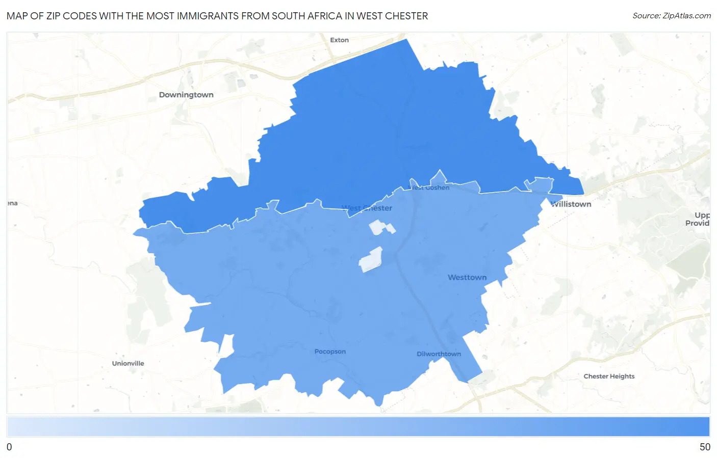 Zip Codes with the Most Immigrants from South Africa in West Chester Map