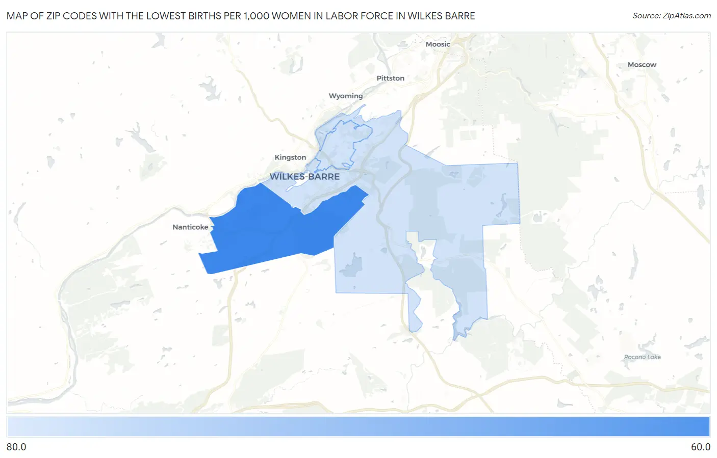 Zip Codes with the Lowest Births per 1,000 Women in Labor Force in Wilkes Barre Map
