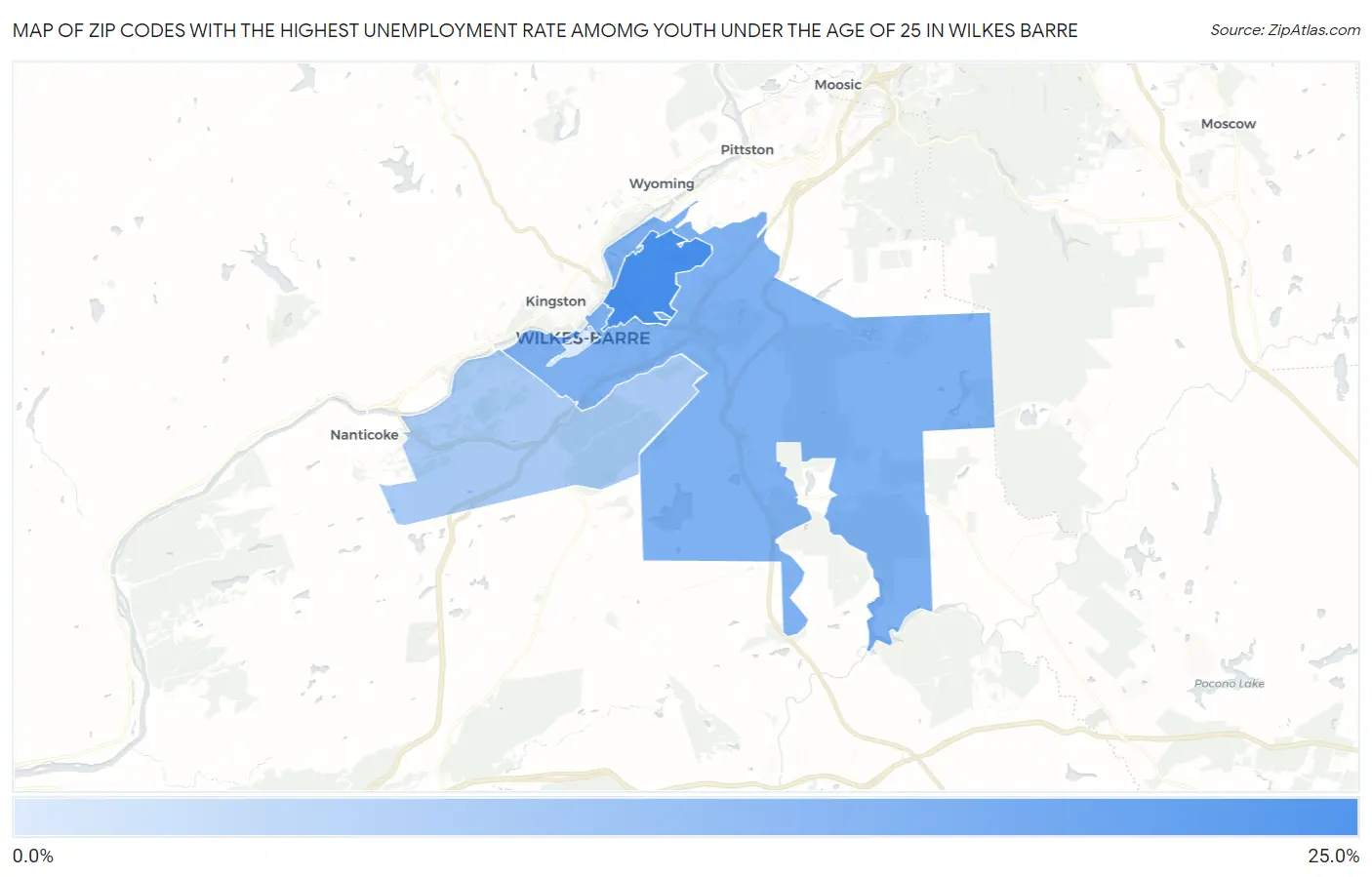 Zip Codes with the Highest Unemployment Rate Amomg Youth Under the Age of 25 in Wilkes Barre Map