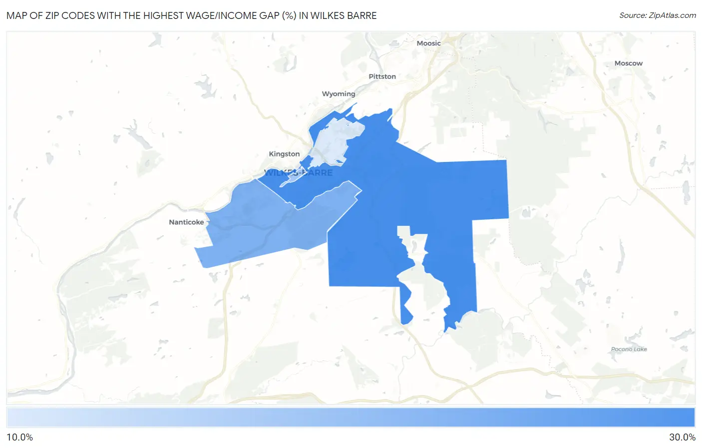 Zip Codes with the Highest Wage/Income Gap (%) in Wilkes Barre Map