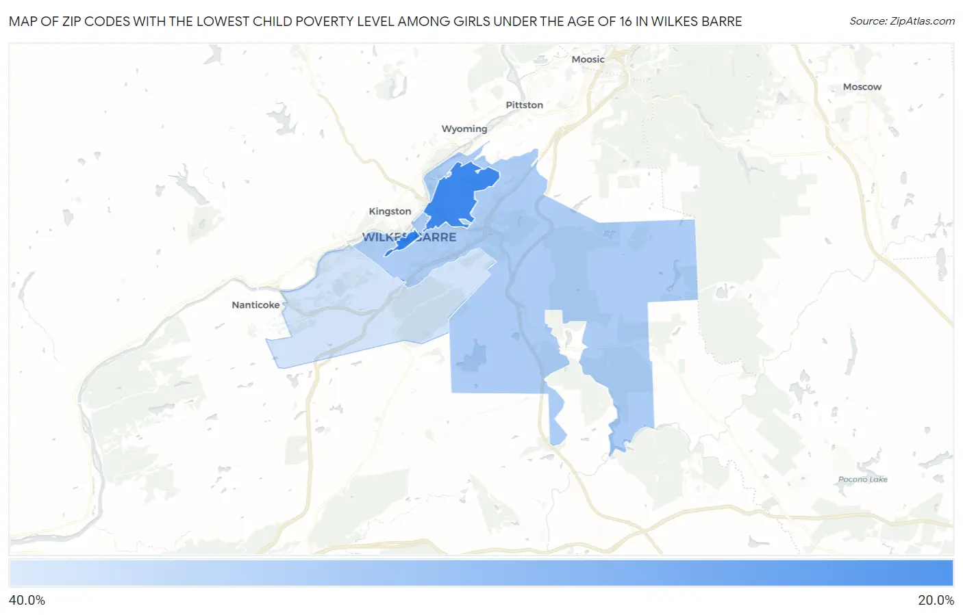 Zip Codes with the Lowest Child Poverty Level Among Girls Under the Age of 16 in Wilkes Barre Map