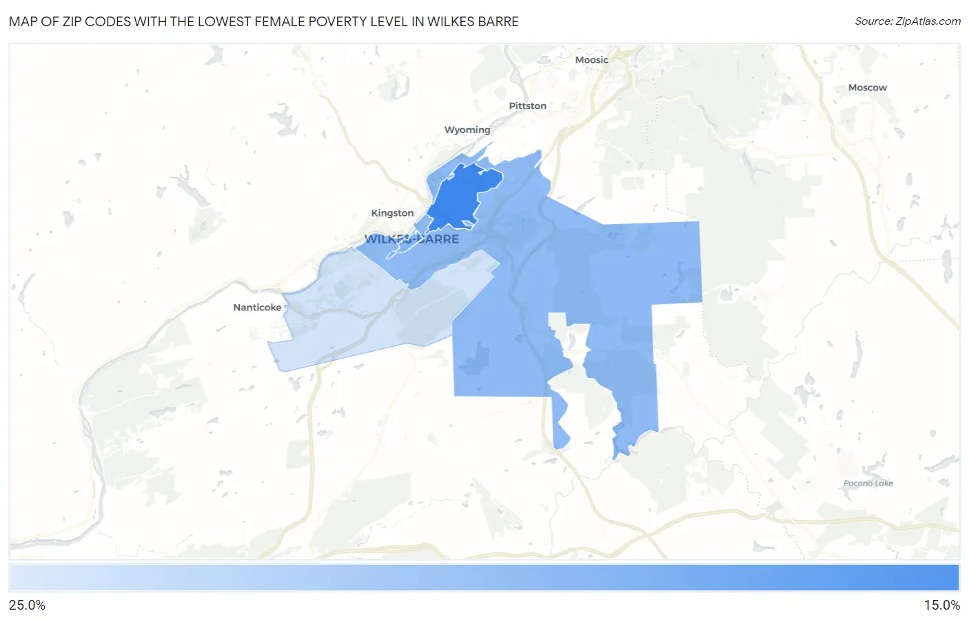 Zip Codes with the Lowest Female Poverty Level in Wilkes Barre Map