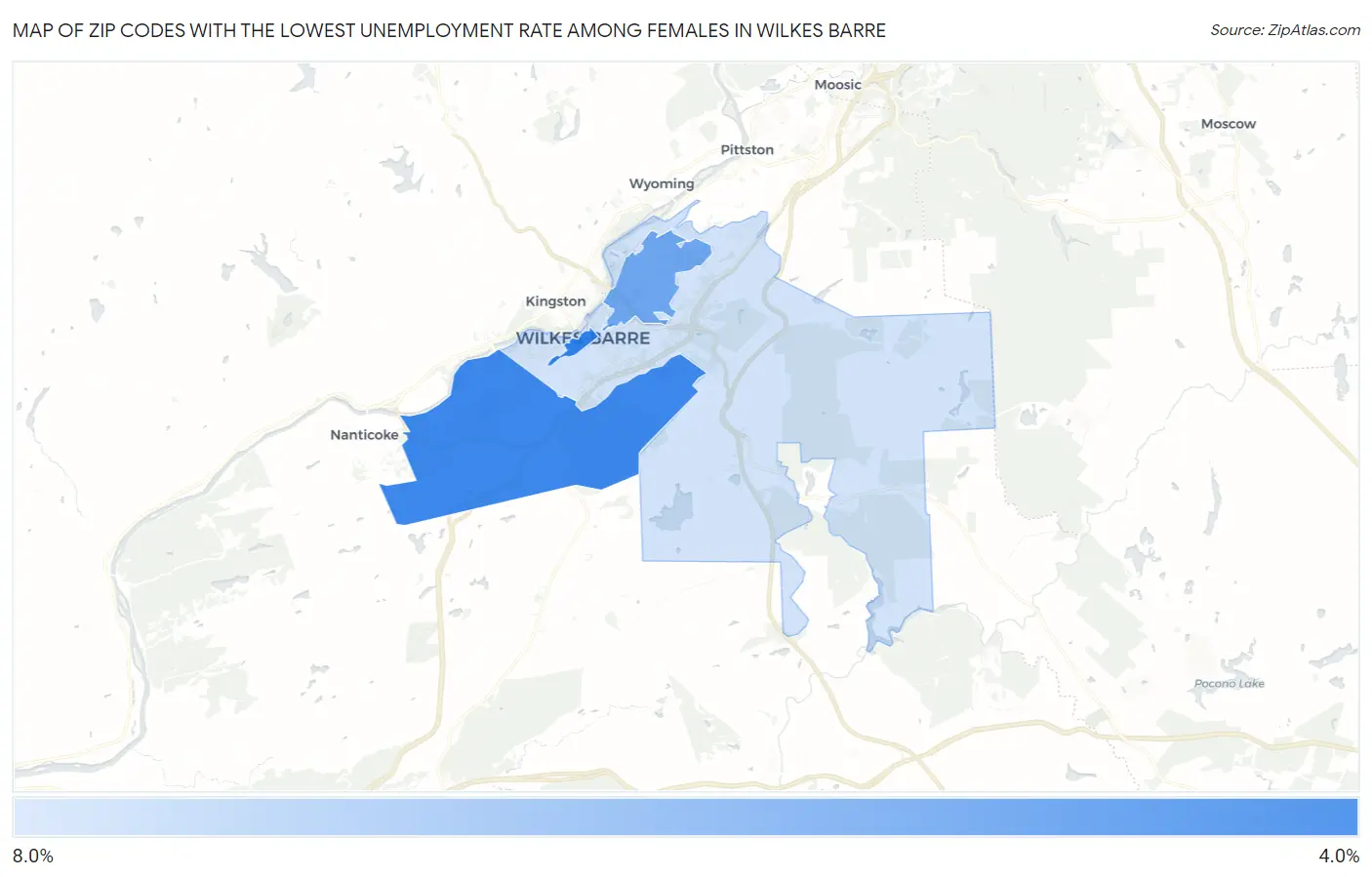 Zip Codes with the Lowest Unemployment Rate Among Females in Wilkes Barre Map