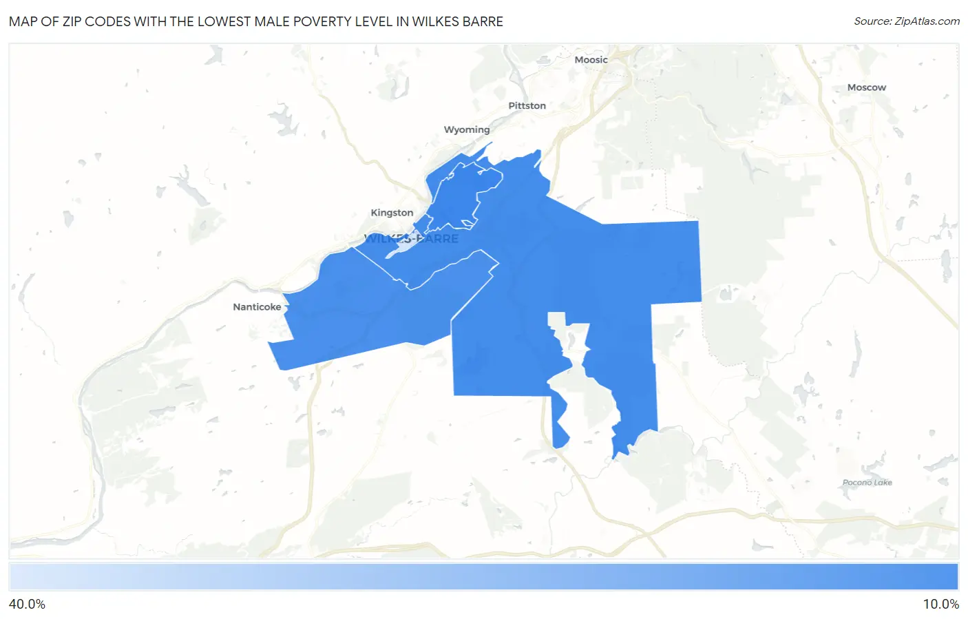 Zip Codes with the Lowest Male Poverty Level in Wilkes Barre Map
