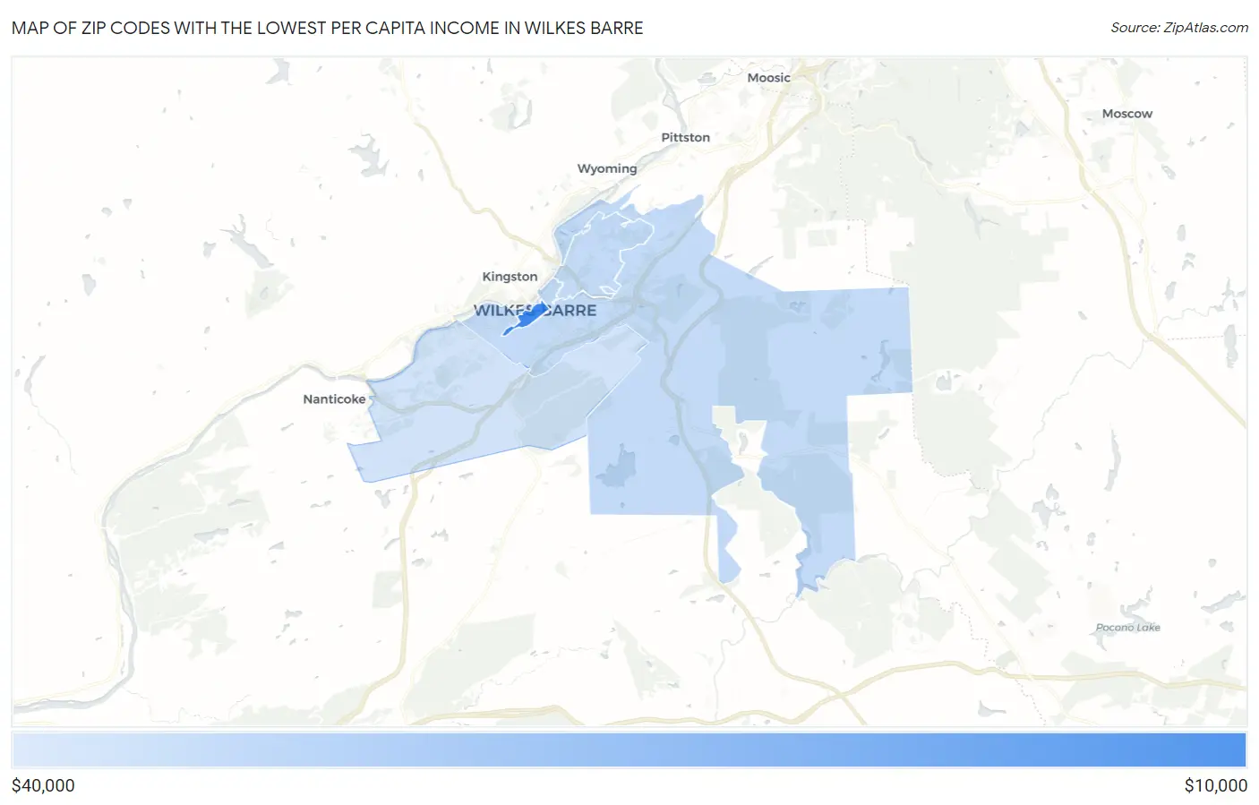 Zip Codes with the Lowest Per Capita Income in Wilkes Barre Map