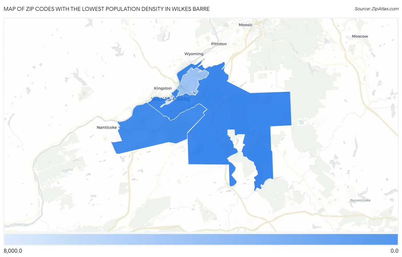 Zip Codes with the Lowest Population Density in Wilkes Barre Map