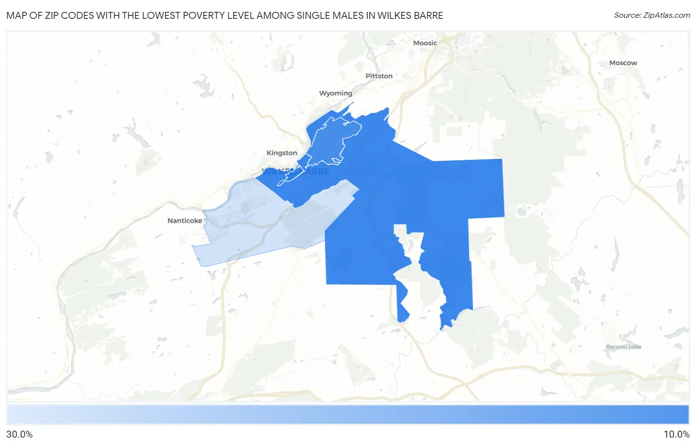 Zip Codes with the Lowest Poverty Level Among Single Males in Wilkes Barre Map