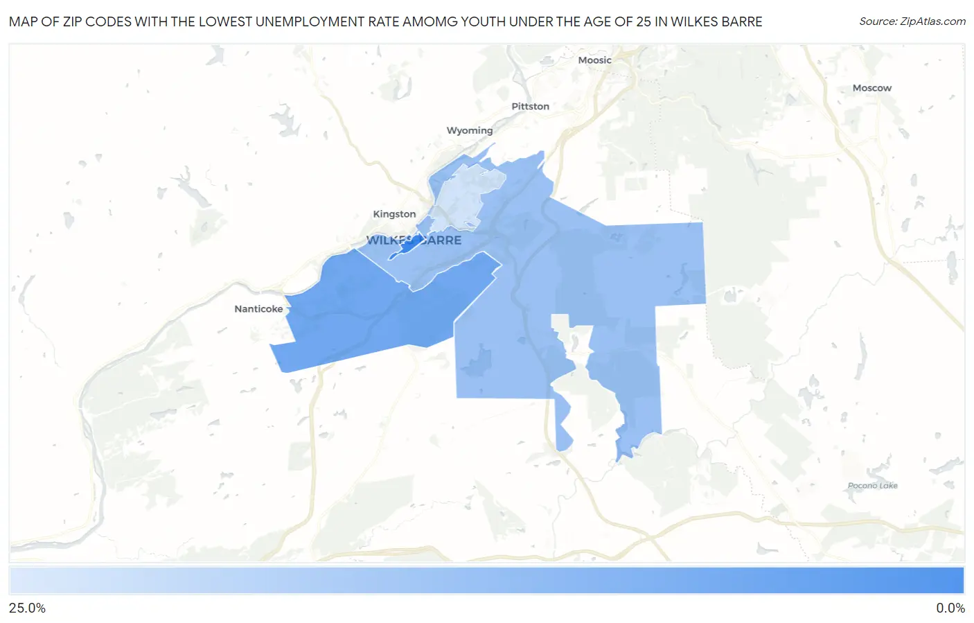 Zip Codes with the Lowest Unemployment Rate Amomg Youth Under the Age of 25 in Wilkes Barre Map