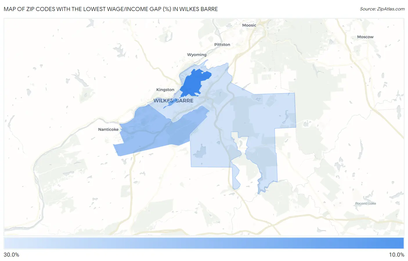 Zip Codes with the Lowest Wage/Income Gap (%) in Wilkes Barre Map