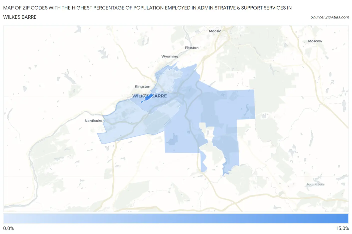 Zip Codes with the Highest Percentage of Population Employed in Administrative & Support Services in Wilkes Barre Map