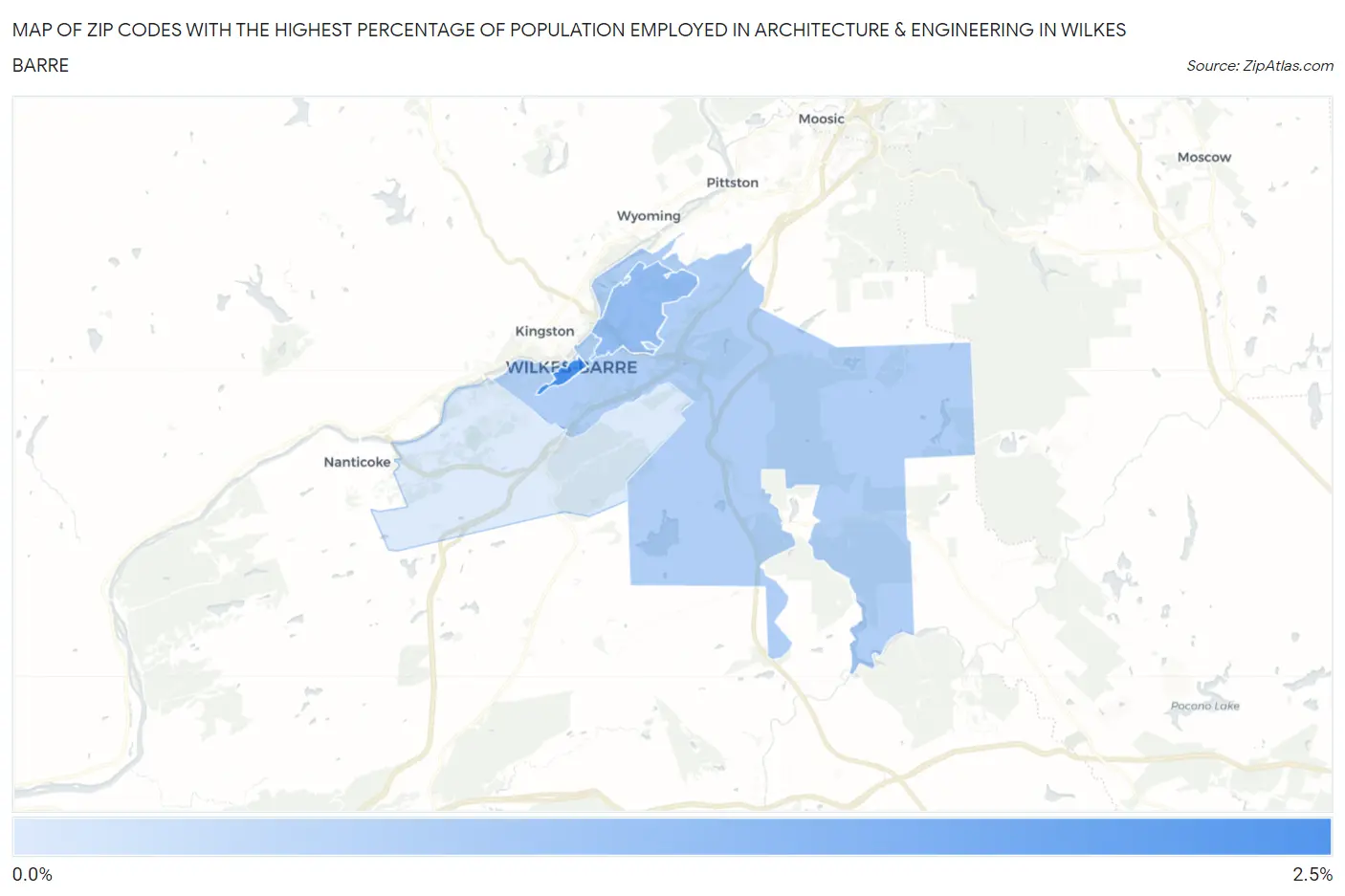 Zip Codes with the Highest Percentage of Population Employed in Architecture & Engineering in Wilkes Barre Map