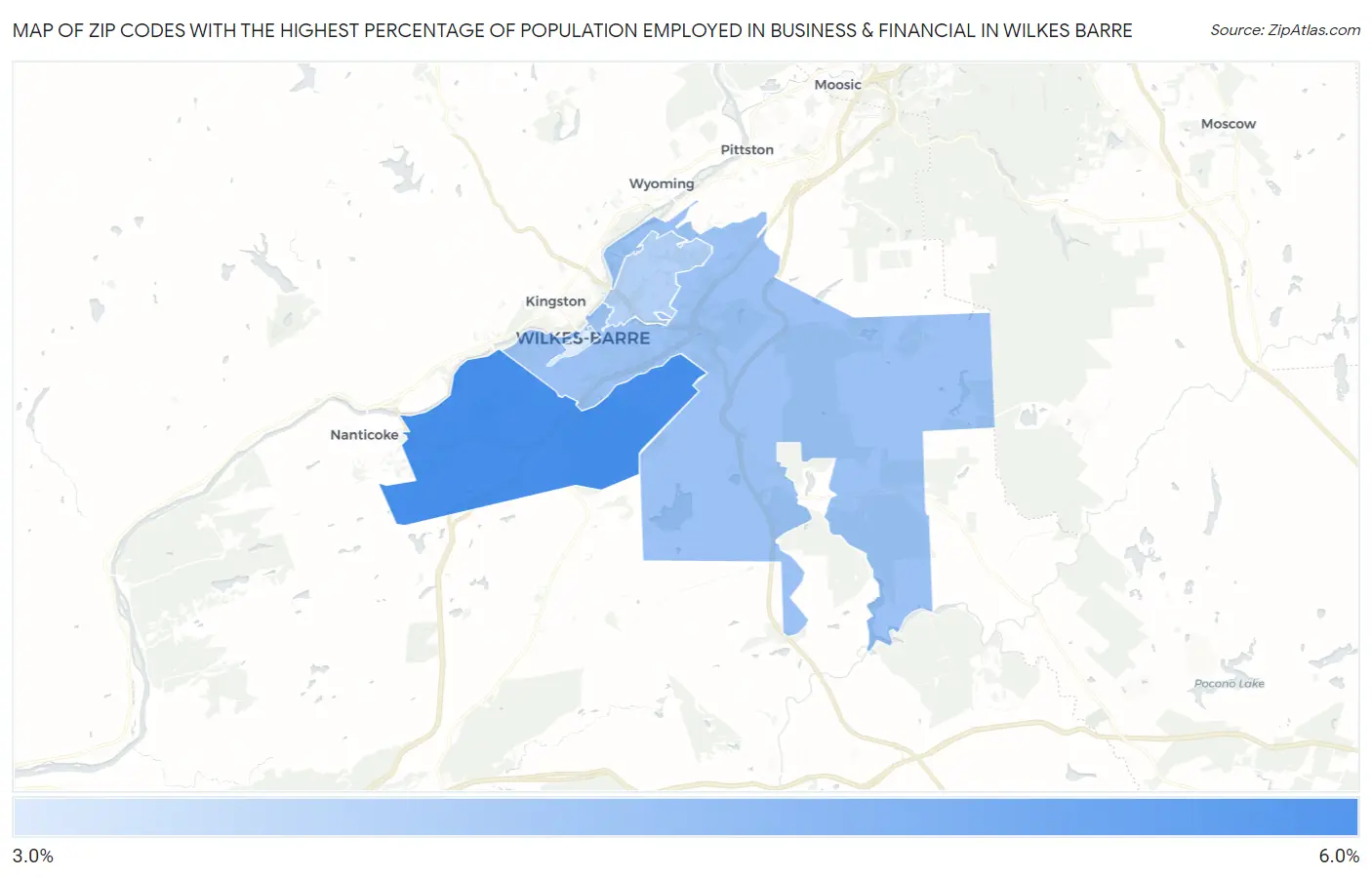 Zip Codes with the Highest Percentage of Population Employed in Business & Financial in Wilkes Barre Map