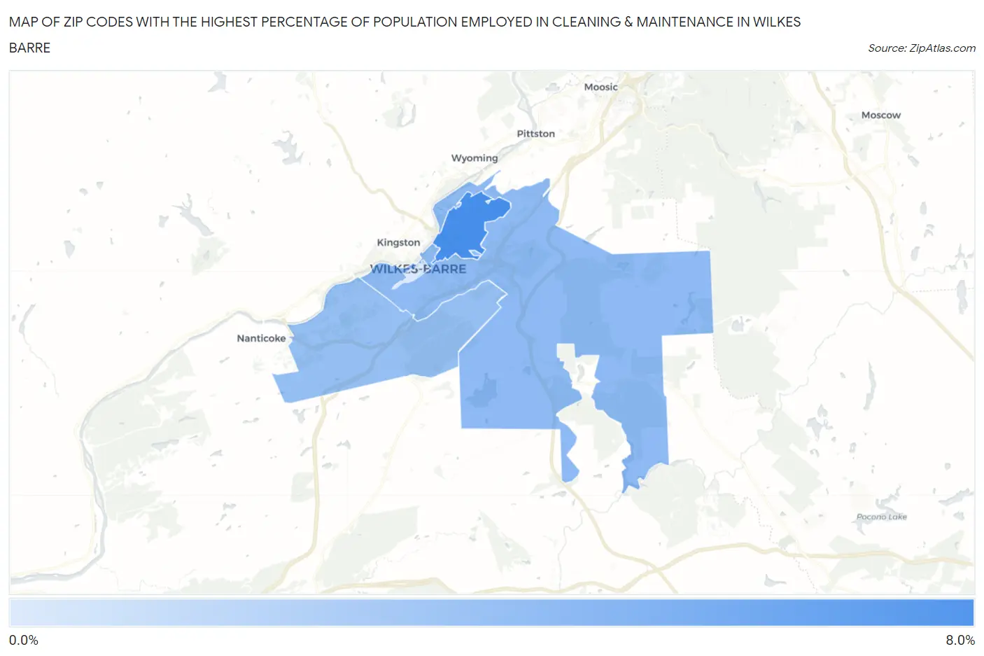 Zip Codes with the Highest Percentage of Population Employed in Cleaning & Maintenance in Wilkes Barre Map