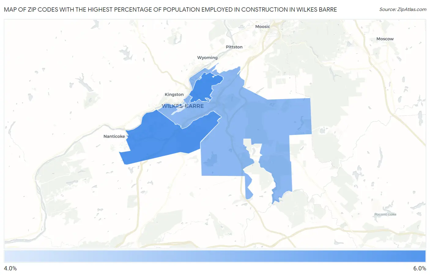 Zip Codes with the Highest Percentage of Population Employed in Construction in Wilkes Barre Map