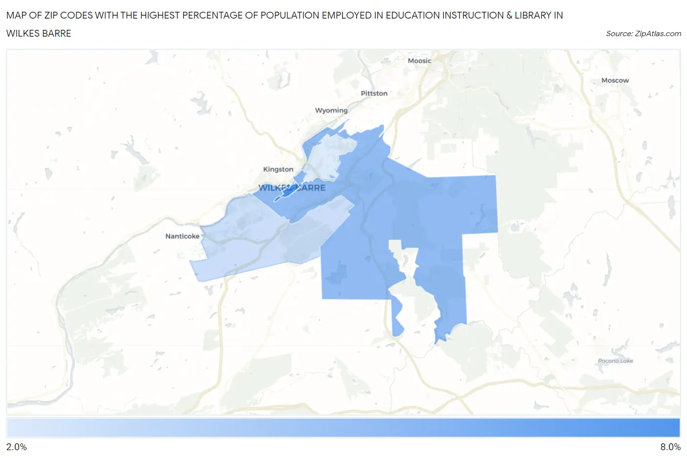 Zip Codes with the Highest Percentage of Population Employed in Education Instruction & Library in Wilkes Barre Map
