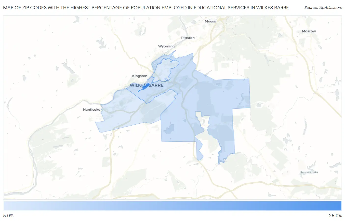 Zip Codes with the Highest Percentage of Population Employed in Educational Services in Wilkes Barre Map