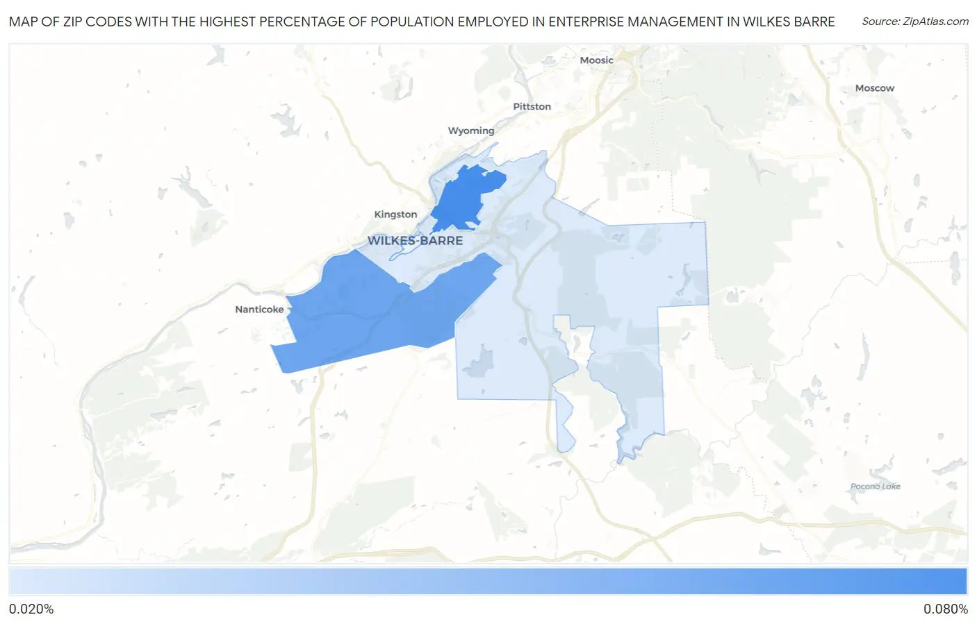 Zip Codes with the Highest Percentage of Population Employed in Enterprise Management in Wilkes Barre Map