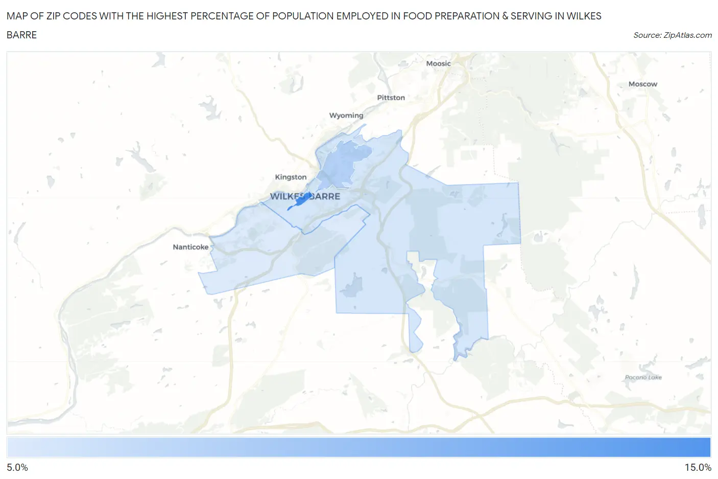 Zip Codes with the Highest Percentage of Population Employed in Food Preparation & Serving in Wilkes Barre Map