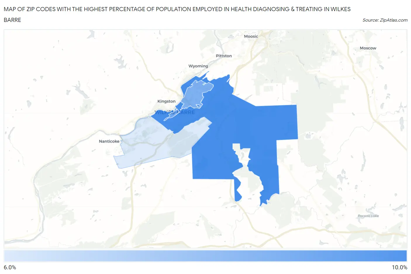 Zip Codes with the Highest Percentage of Population Employed in Health Diagnosing & Treating in Wilkes Barre Map